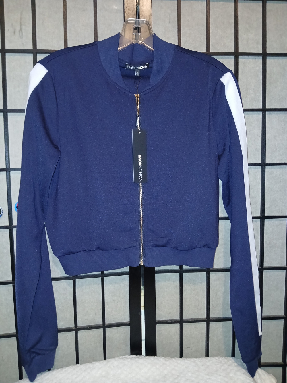 Fashion Nova Navy Bomber Jacket with White Sleeve Stripes